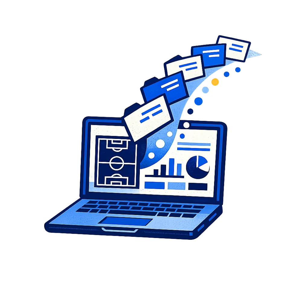 Illustration: filer og datapunkter flyver af sig selv i en bue ind i en laptop med klubbens dashboard