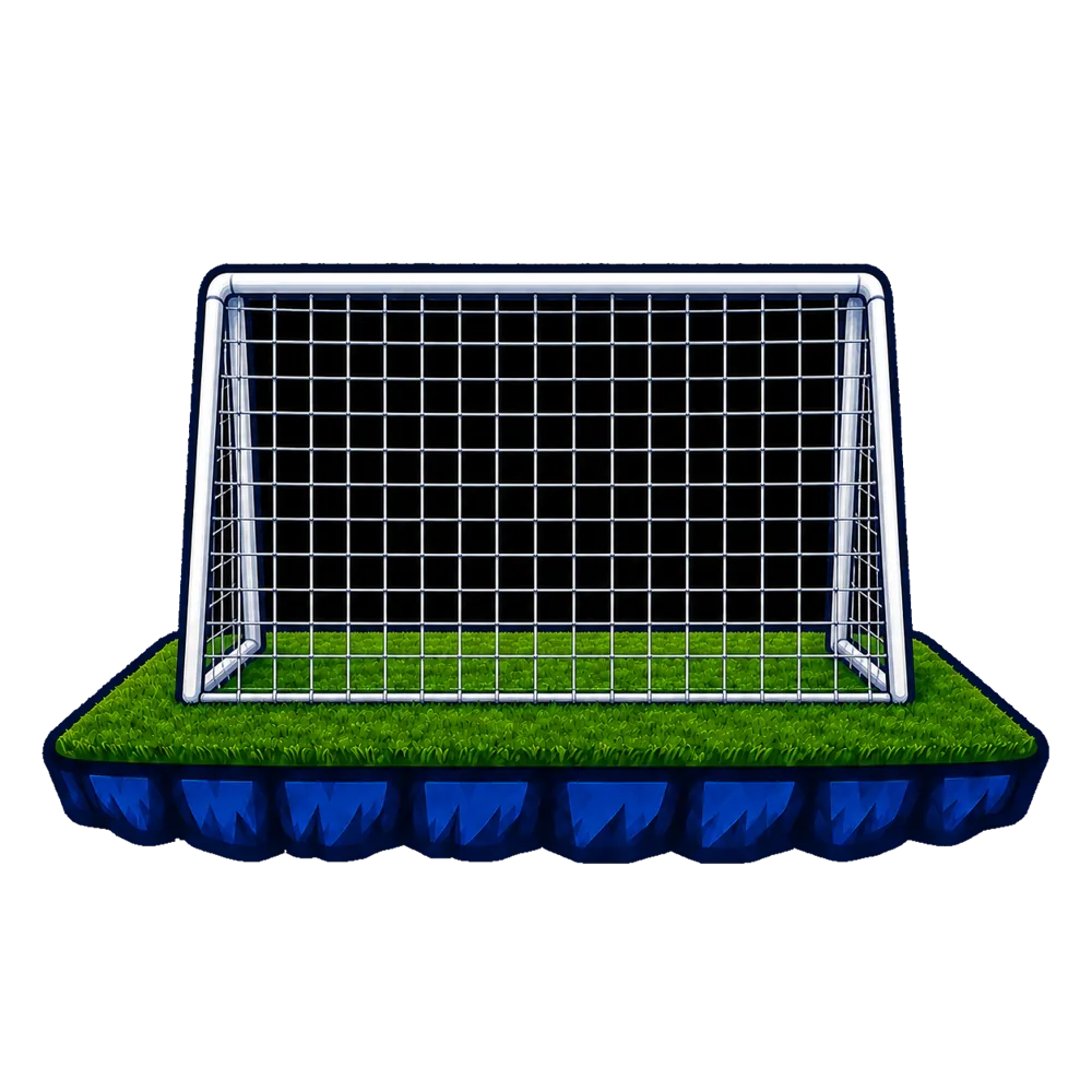 Illustration: et fodboldmål på en svævende græs-ø — bolden ruller ind og scorer